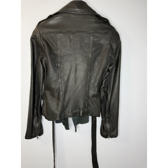 AllSaints Spitalfields Y2K Jacks Place Leather Moto Belted Black Jacket Sz 8 S - Picture 5 of 16
